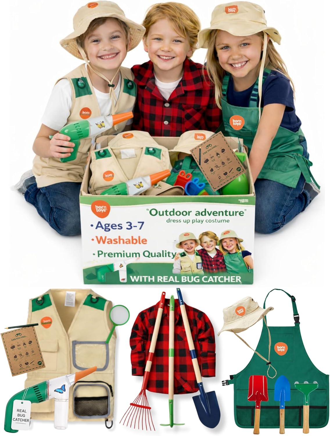 Born Toys Kids Garden Set for Boys & Girls Ages 3-7, Toddler Gardening Kit with Kids Gardening Tools - Gardening Apron, Gloves, Hat, Working Spray Bottle, Trowel Shovel & Rake, Outdoor Activity Toys
