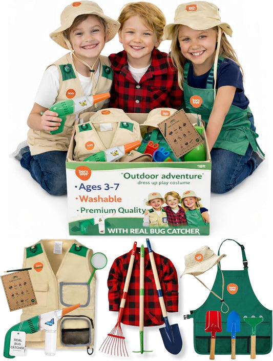 Born Toys Kids Garden Set for Boys & Girls Ages 3-7, Toddler Gardening Kit with Kids Gardening Tools - Gardening Apron, Gloves, Hat, Working Spray Bottle, Trowel Shovel & Rake, Outdoor Activity Toys
