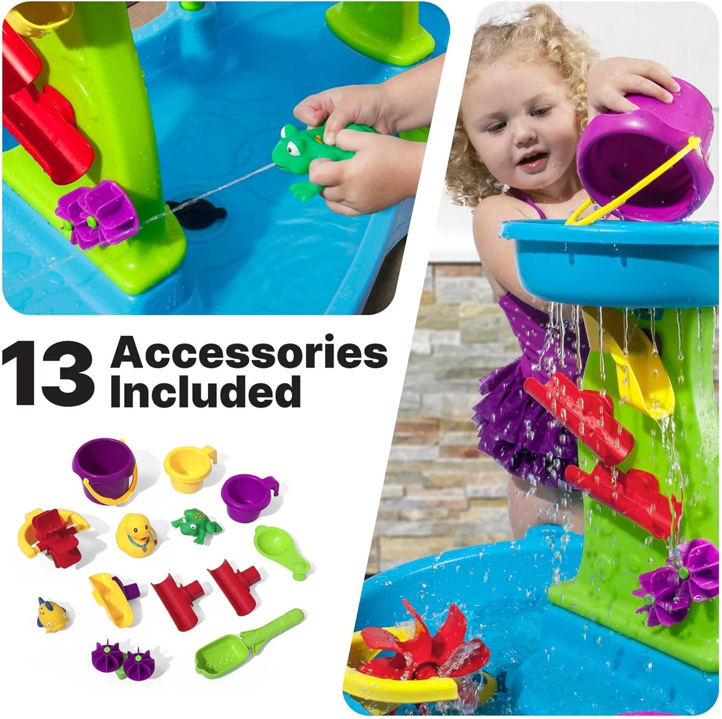 Step2 Rain Showers Splash Pond Water Table with Cover, Kids Water and Sand Activity Sensory Playset, Summer Outdoor Toys, 13-Piece Water Toy Accessories, For Toddlers 1.5+ Years Old, Blue & Green