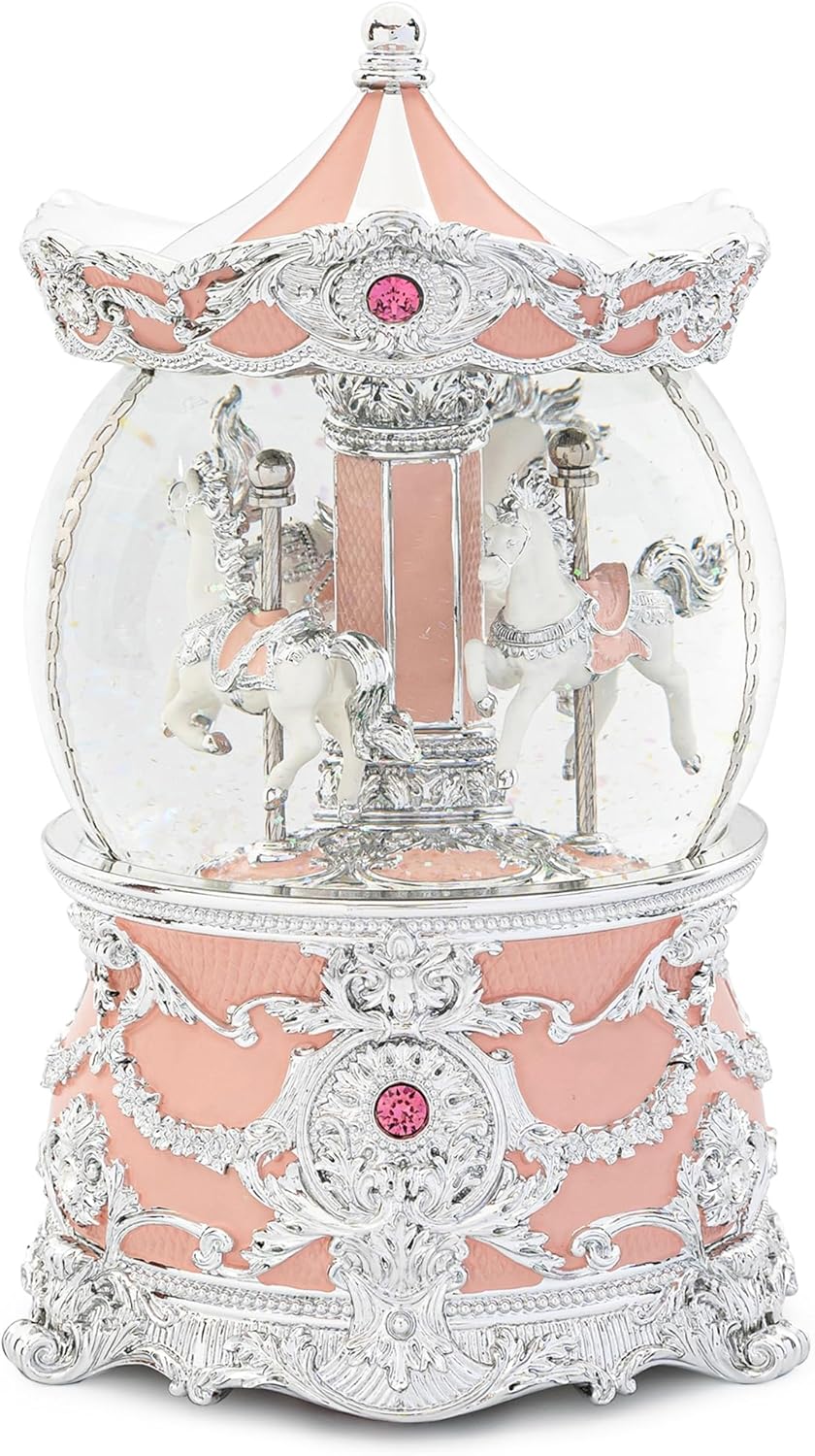 Carousel Music Box Gold & Ivory Christmas Snow Globes, 8.3" Rotate Carousel Snow Globe for Kids & Adults, Classic Wind up Musical Snow Globe Birthday Gifts for Women Girls, Carousel Horse Home Decor