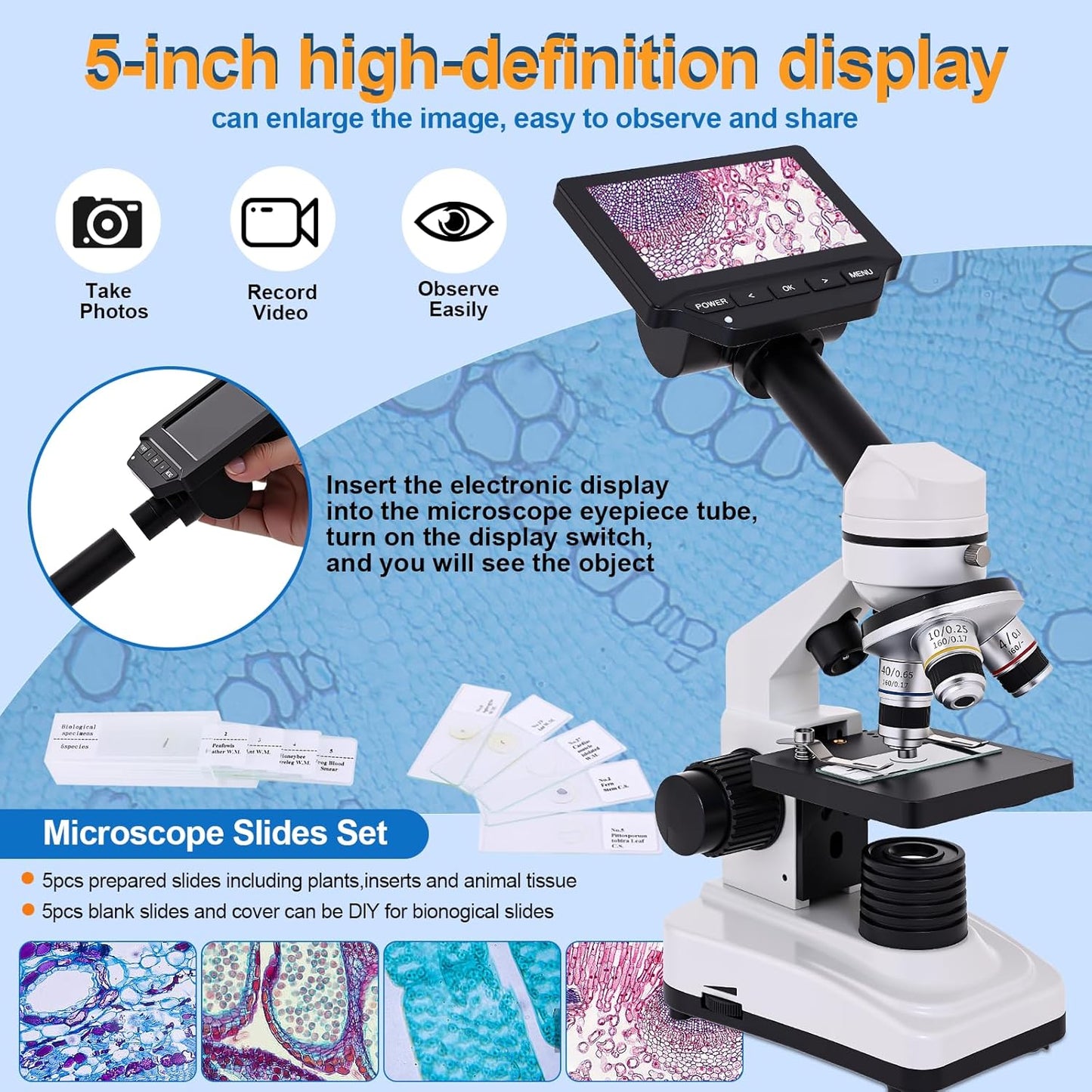 Microscope for Adults & Kids, 40X-2500X High-Power Compound Microscope for Students, School Lab & Home Schooling,Equiped with Slides Set & Phone Holder (Light White)
