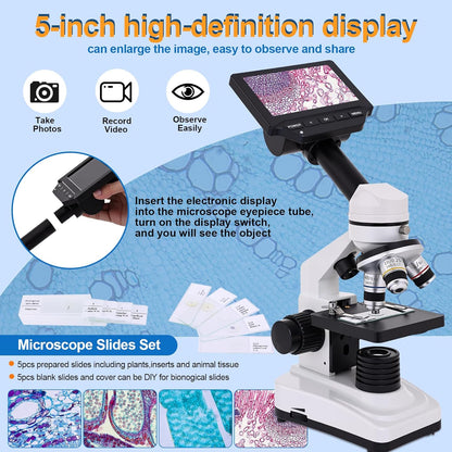 Microscope for Adults & Kids, 40X-2500X High-Power Compound Microscope for Students, School Lab & Home Schooling,Equiped with Slides Set & Phone Holder (Light White)