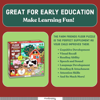 Mudpuppy Farm Friends – 25 Piece Floor Puzzle with 6 Barnyard Animal Shaped Pieces Featuring an Adorable Illustration of A Farm