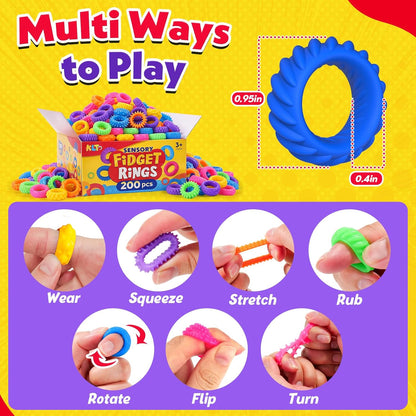 KLT Fidget Toys Bulk for Kids: 200pcs Textured Fidget Ring - Classroom Prize Box Filler - Party Favor Treasure Chest & Goodie Bags Stuffers - ADHD Autism Kids Sensory Calming Toy