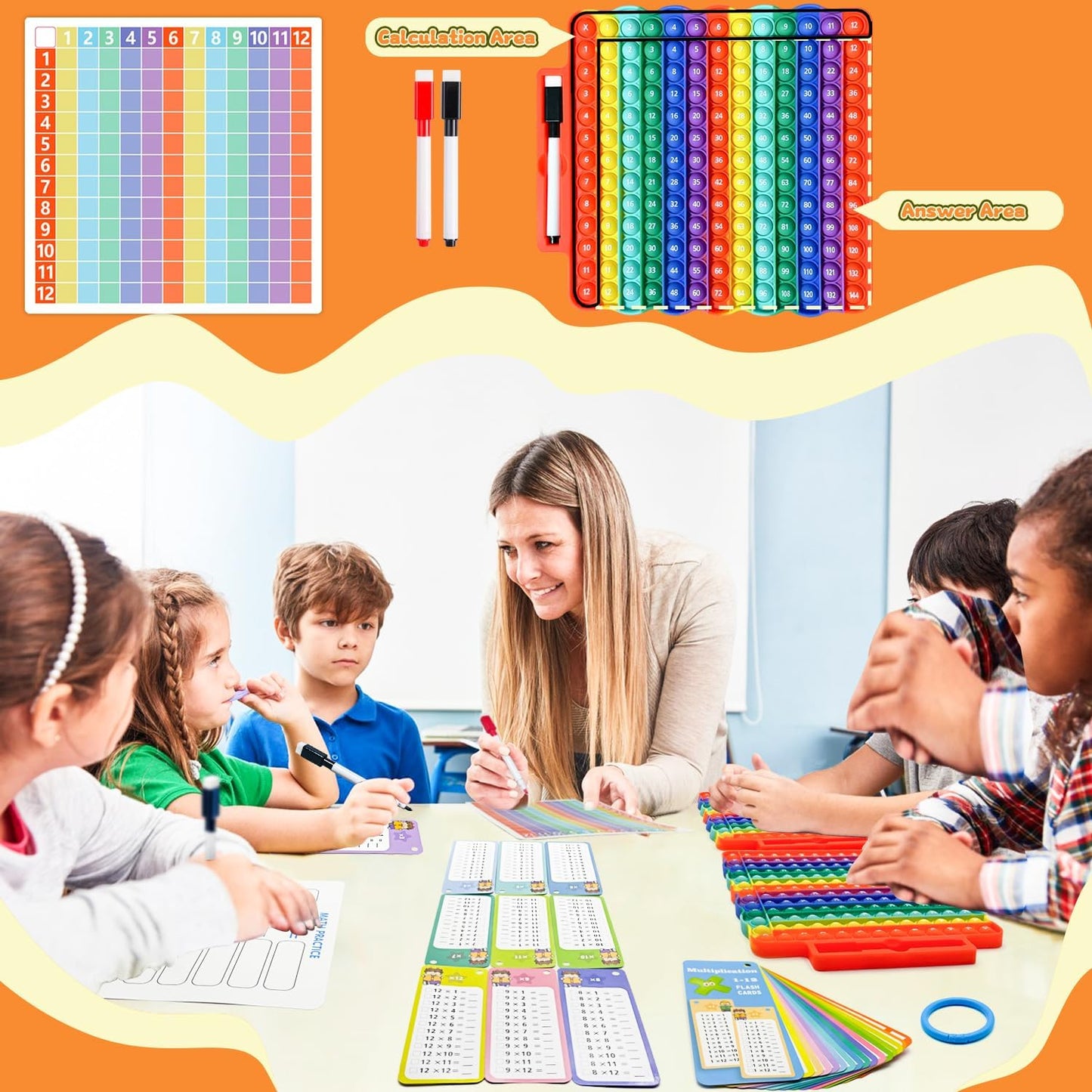 Multiplication Flash Cards + Math Board, Math Flash Cards & Chart, Times Table Manipulatives for Preschoolers 3rd,4th,5th,6th Grade