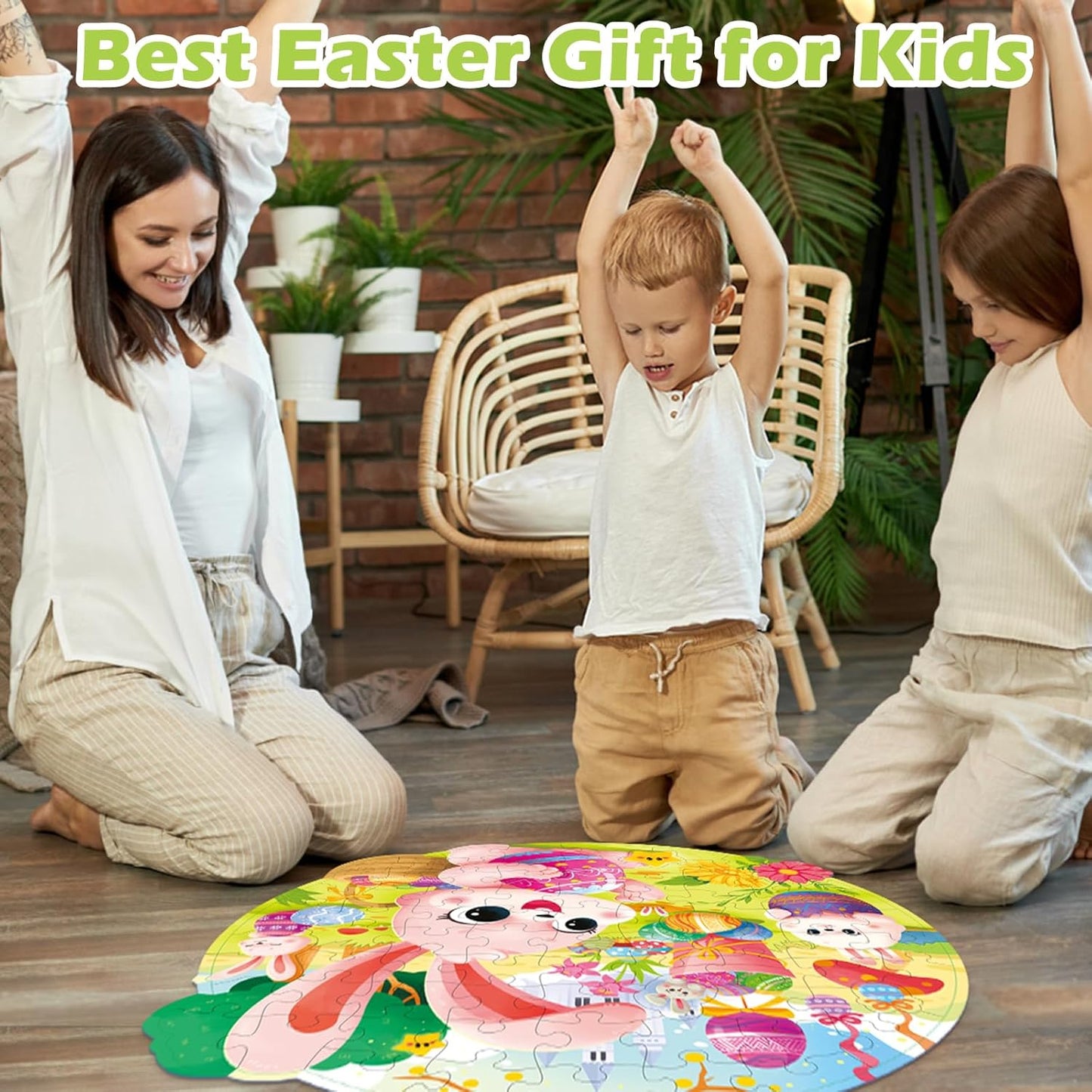 Easter Puzzles for Kids Ages 4-8, Easter Basket Stuffers 79 Pieces Kids Floor Puzzles Ages 4-6, Large Round Jigsaw Puzzles for Toddler, Bunny Puzzle Educational Toys Gifts for Girls Boys