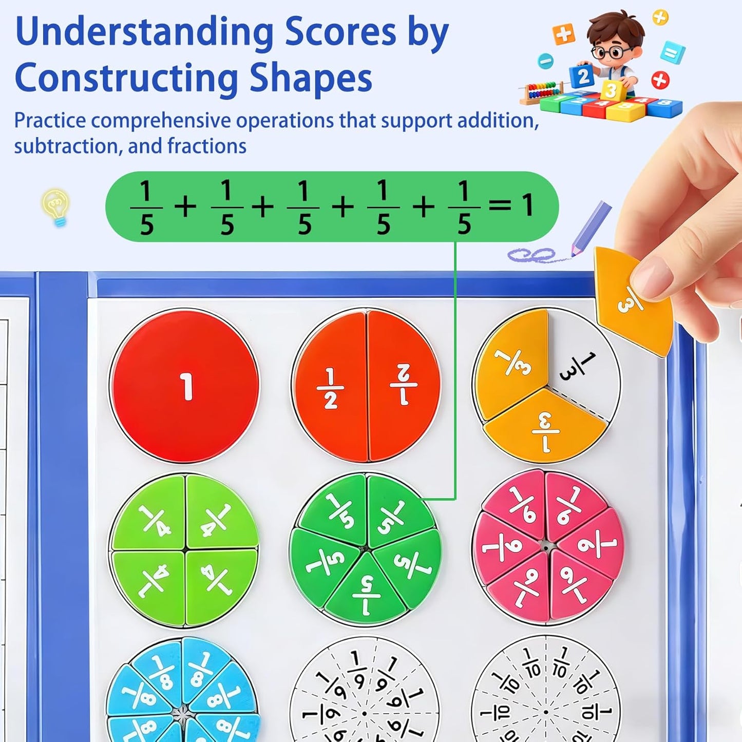 Magnetic Fraction Playbook & Tiles, Montessori Math Tools for Ages 6-10, Fraction Manipulatives Set with Wipeable Cards & Marker Pen, Learning Games for Kids Homeschool Classroom