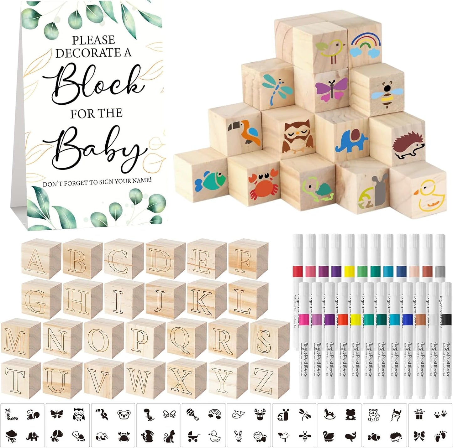 117 Pcs Baby Shower Blocks to Decorate Game Kit Includes 52 Wooden Blocks 24 Markers 1 Game Sign 40 Templates to Paint (Kraft)