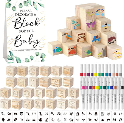 117 Pcs Baby Shower Blocks to Decorate Game Kit Includes 52 Wooden Blocks 24 Markers 1 Game Sign 40 Templates to Paint (Kraft)