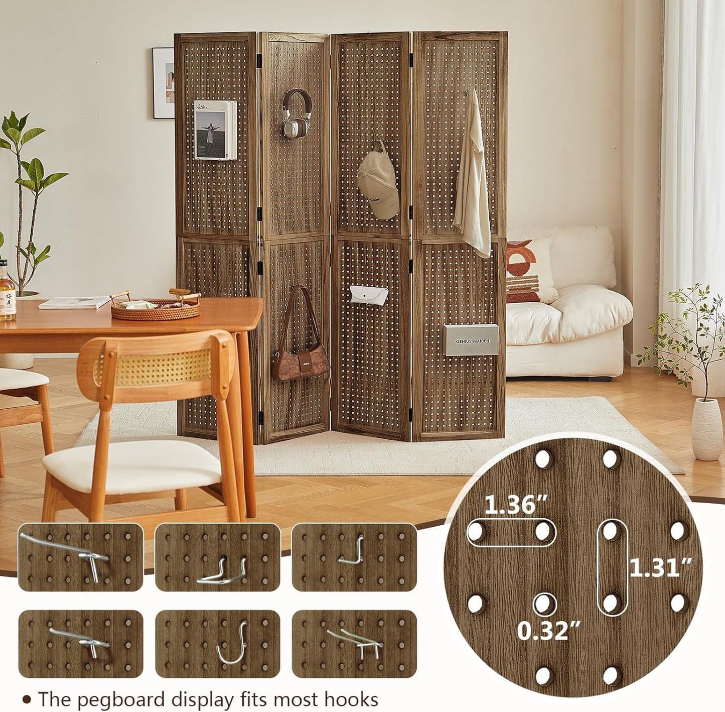 4 Panel Wooden Room Dividers, 5.6FT High Plug-in Folding Screen Made of Natural Wood, Pegboard Display for Bedroom and Shopping Malls and Jewelry Stores, Dark Brown