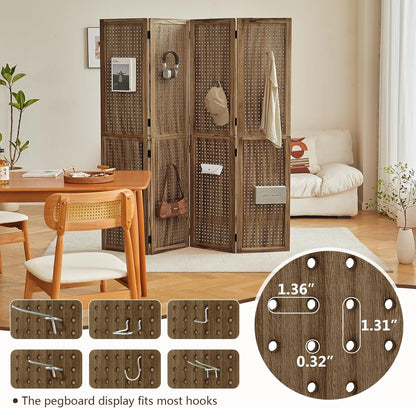 4 Panel Wooden Room Dividers, 5.6FT High Plug-in Folding Screen Made of Natural Wood, Pegboard Display for Bedroom and Shopping Malls and Jewelry Stores, Dark Brown