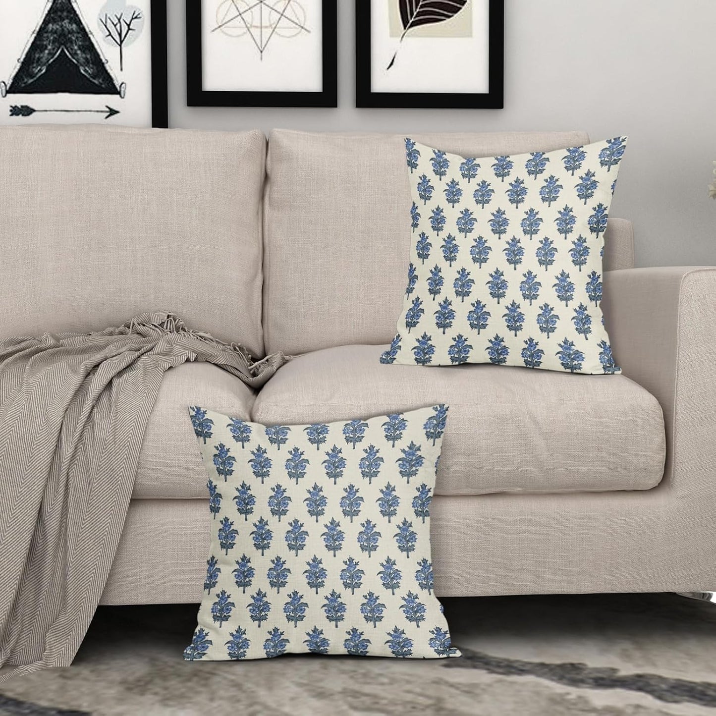 Sage Green Blue Floral Block Print Pillow Covers 18x18 Set of 2 Spring Flower Pattern Decorative Throw Pillowcases Outdoor Rustic Farmhouse Square Cushion Cases Decor for Home Couch Sofa Bed