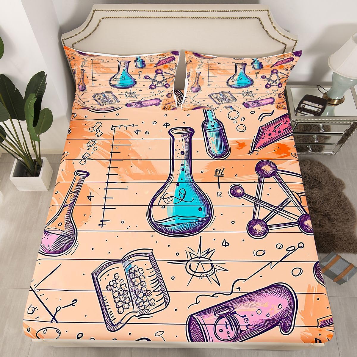 Erosebridal Chemistry Lab Fitted Sheet Twin Size Chemical Equation Bed Sheets for Boys Girls Chemical Elements Science Theme Bed Set Teens Kids Science Students Bedding Set School Dorm Room Decor