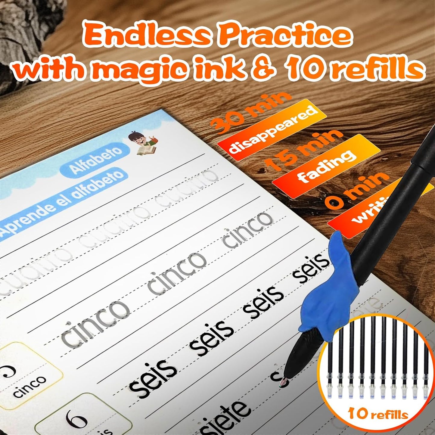 4 Magic Grooved Writing Practice for Kids - English Pre K Tracing Practice Book, Reusable Preschool Handwriting Workbooks Without Tears, 4-Theme Copybooks with Pen Refill for Age 3-10 (English, Small)