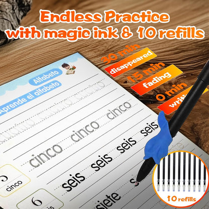 4 Magic Grooved Writing Practice for Kids - English Pre K Tracing Practice Book, Reusable Preschool Handwriting Workbooks Without Tears, 4-Theme Copybooks with Pen Refill for Age 3-10 (English, Small)