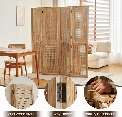 4 Panel Wooden Room Dividers, 5.6FT High Plug-in Folding Screen Made of Natural Wood, Pegboard Display for Bedroom and Shopping Malls and Jewelry Stores, Dark Brown