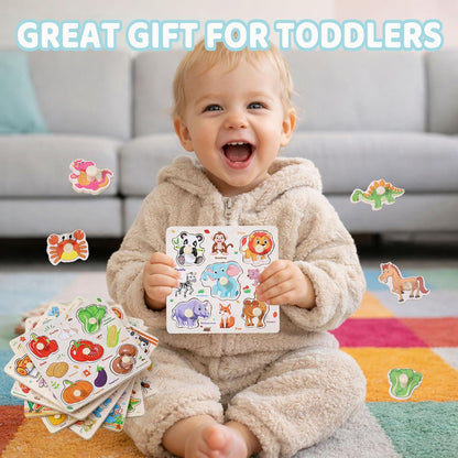 Wooden Puzzles for Toddlers 1-3, 8 Pack Peg Puzzles for Kids with Animals, Dinosaurs, Fruits, Vegetables, Educational Preschool Learning Toys, Birthday Gifts for Boys, Girls