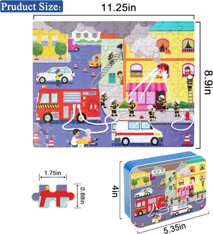 LELEMON 100 Pieces Jigsaw Puzzles in a Metal Box for Kids Age for 4-8 Boys Girls Toy Puzzles Construction Site Vehicles Children Learning Educational Puzzles Toys