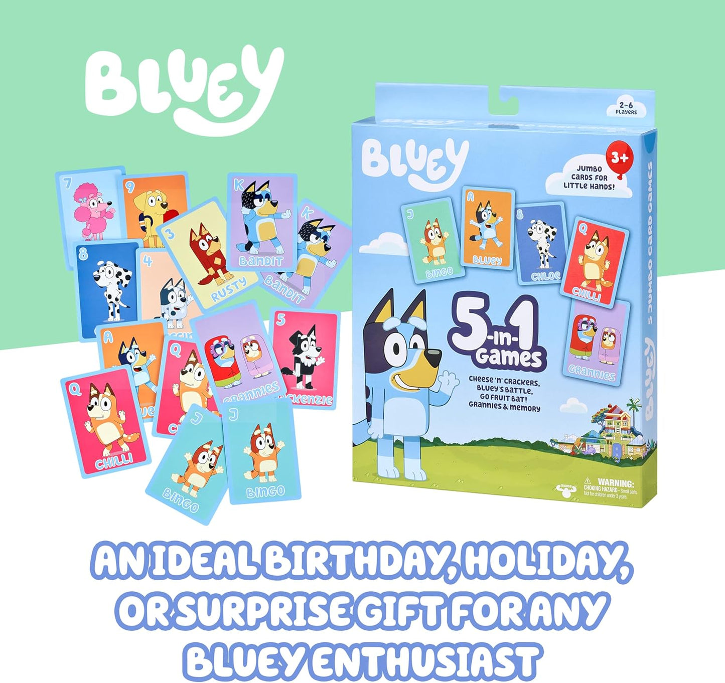 Bluey 5-in-1 Card Game Set, Jumbo-Sized 53-Deck Toddler Game, Multi-Color Interactive Play Card Games for Kids of Ages 3+