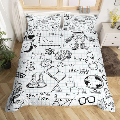 Feelyou Cute Robot Bedding Set for Girls Boys Children Math Chemistry Subject Comforter Cover Black White Grid Plaid Duvet Cover Room Decor Physical Formula Bedspread Cover Full Size 3Pcs