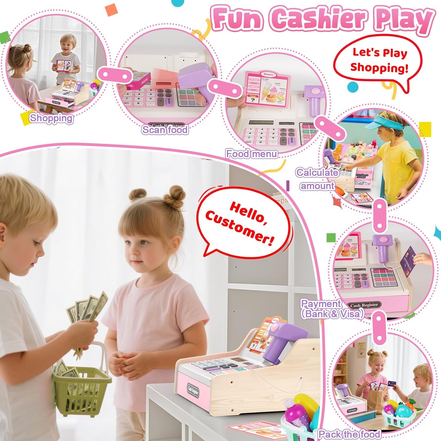 Kids Cash Register Toy Playset, Toddler Prentend Play Store with Real Calculator Cash Register with Scanner/Credit Card/Play Money/Food, Learning Toys for Boys Girls Toddlers(Pink)