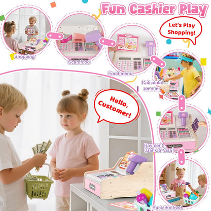 Kids Cash Register Toy Playset, Toddler Prentend Play Store with Real Calculator Cash Register with Scanner/Credit Card/Play Money/Food, Learning Toys for Boys Girls Toddlers(Pink)