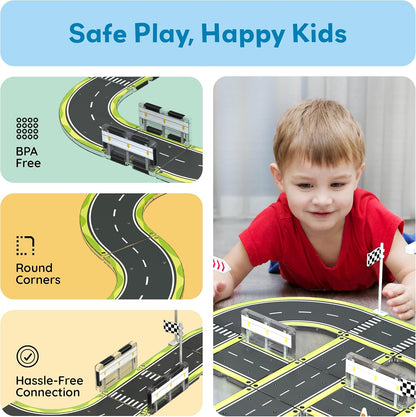 PicassoTiles Magnetic Tiles Race Track Car Thrilling Toy Playset Includes 2 Racing Trucks STEM Educational Magnet Tile Building Block Construction Set for Toddlers Boys Girls Ages 3 and Older PTR30