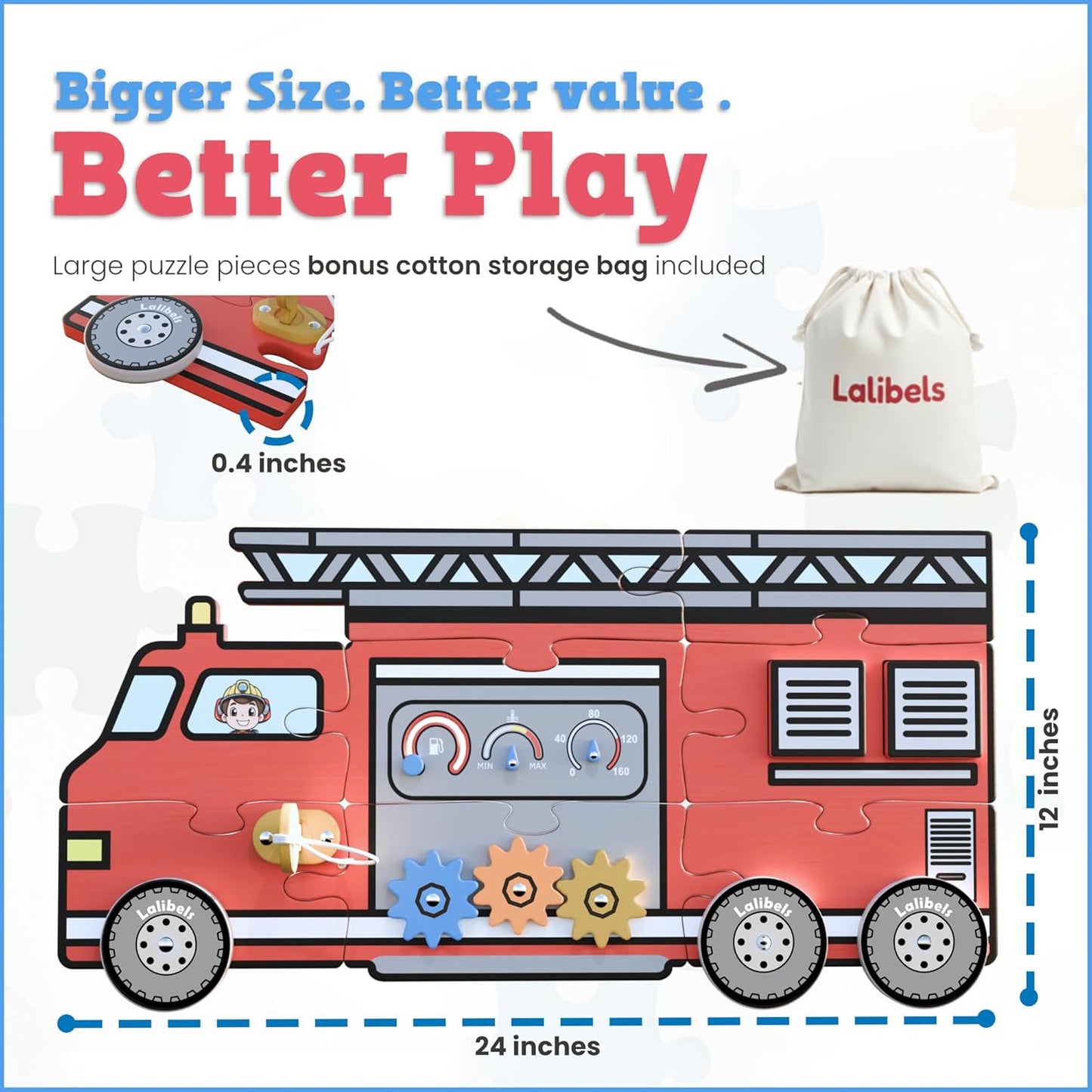 Large Wooden Toddler Puzzles – Fire Truck Interactive Activity Puzzle for Ages 1-3 – Fine Motor Skills Toy with Gears Doors Knobs for Early Learning