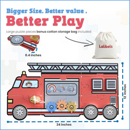 Large Wooden Toddler Puzzles – Fire Truck Interactive Activity Puzzle for Ages 1-3 – Fine Motor Skills Toy with Gears Doors Knobs for Early Learning