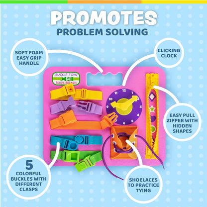 Buckle Toys Busy Board - Montessori Learning Toy for Toddlers Great Kids Road Trip Essentials - Foam Sensory Board - Develop Fine Motor Skills - Pink