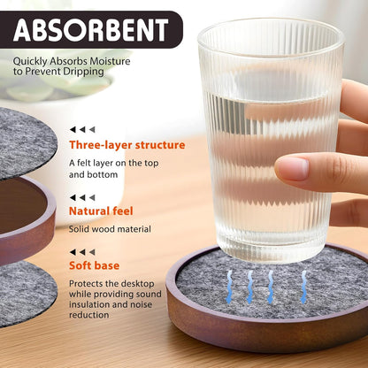 Patelai 12 Pcs Wooden Drink Coasters Set 4.3'' Absorbent and Insulation Felt Stackable Cup Holders for Tabletop Protection, Rustic Glass Coaster for Coffee, Home Decoration