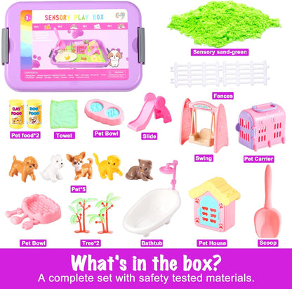 Carolart Pet Sensory bin,Dog and Cat Sandbox for Kids,Kids Play Sand Kit,Pet Play Set with Sensory Sand,Pet Care Play Set,Role Pretend Play Beach Toy Birthday Gift for Girls Boys 3 4 5 6 Years Old