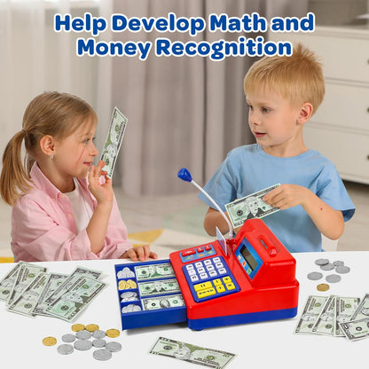 Calculator Cash Register Toy Gift for Kids Age 3, 4, 5, 6, 7, 8+ Year Old, 103 Pcs Pretend Grocery Store Playset with Toy Cash, Microphone, Credit Card, Play Cash Register for Toddlers 4-8, Silvery