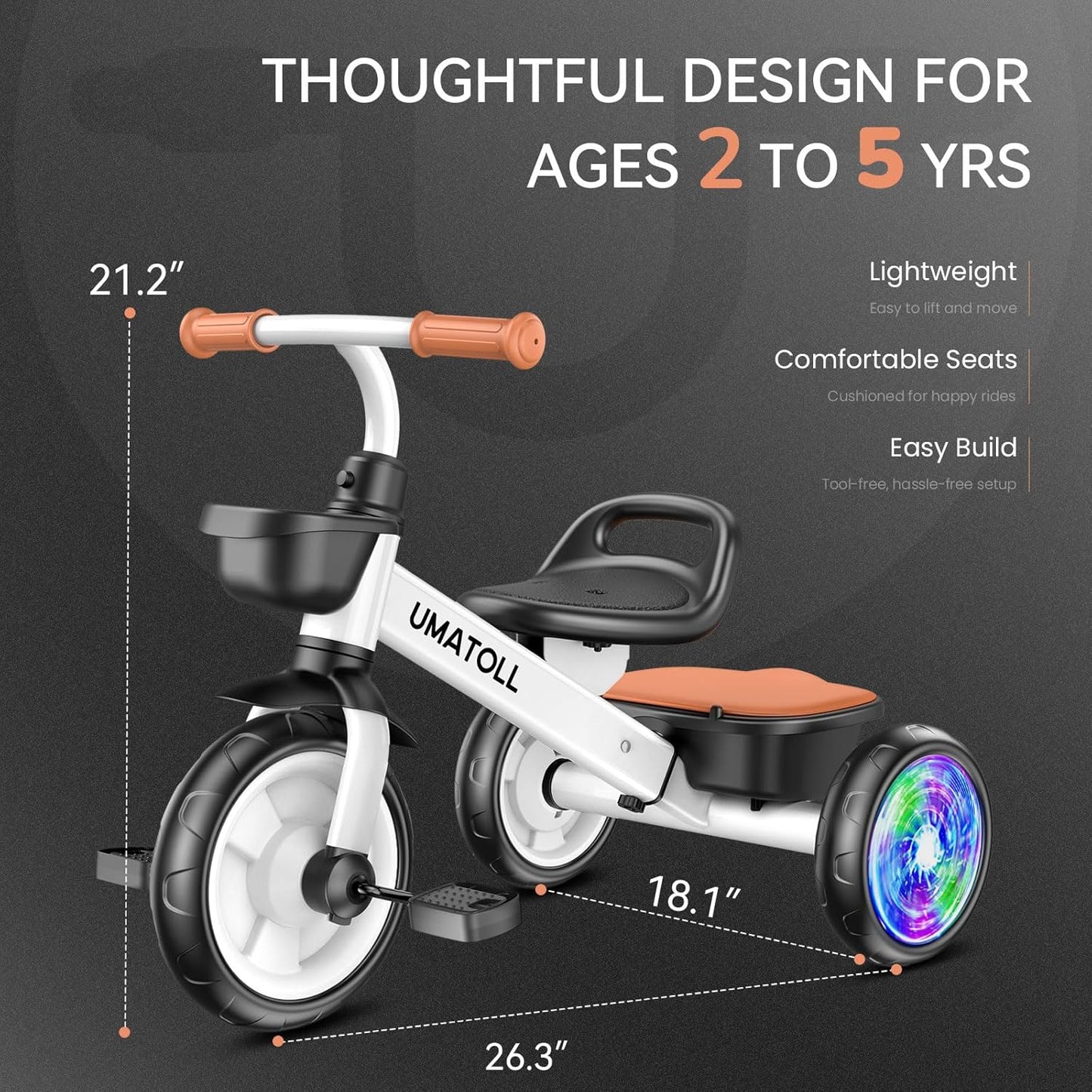 Umatoll Tricycle for Toddlers 2-5 Year Old, Ajustable Toddler Bike Outdoor Toys, Birthday Gift for Girl Age 2-4, Trike with Light up Wheels