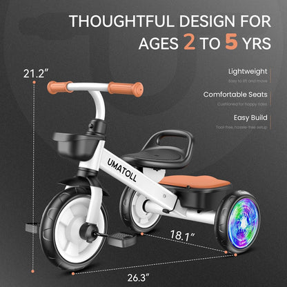 Umatoll Tricycle for Toddlers 2-5 Year Old, Ajustable Toddler Bike Outdoor Toys, Birthday Gift for Girl Age 2-4, Trike with Light up Wheels