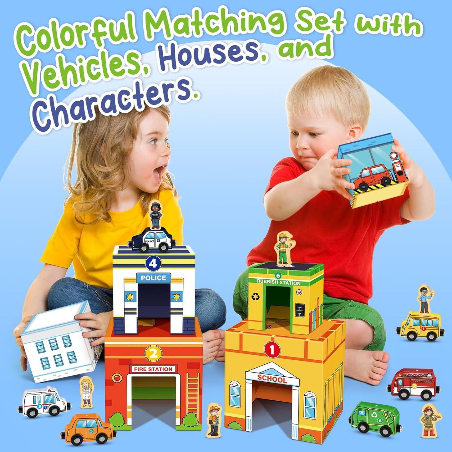 Aizweb Toddler Sorting&Stacking Toys with Magnetic Wooden Vehicle,Cars&Community Helpers,STEM Building Blocks,Educational Learning Montessori Gifts for 1 2 3 Year Old Boys Girls Preschool Kindergarten