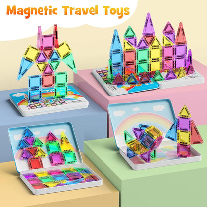 Mini Magnetic Tiles 40PCS Travel Set with Iron Storage Box, Portable STEM Building Blocks for Kids 3-8, Montessori Educational Magnet Toys for Road Trip, Airplane, Car Rides & On-The-Go Play