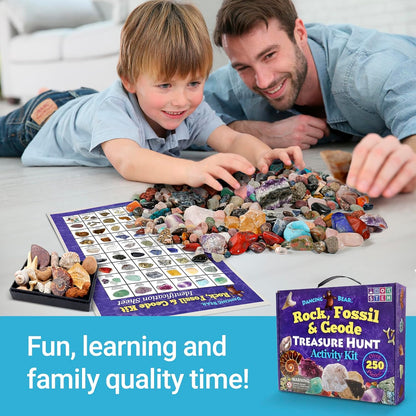 DANCING BEAR Rock, Mineral & Geodes Treasure Hunt Activity Kit (250 Pc Set) Real Shark Teeth Fossils, ID Sheet & Rock Book, STEM
