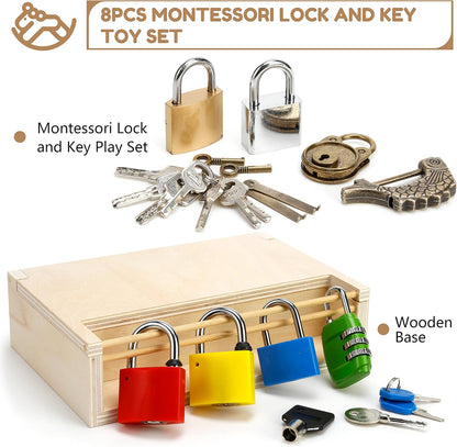 Woodtoe 8 PCS Montessori Lock and Key Toy, Montessori Toys for Toddlers 3 4 5 Year Old, Kids Tool Set, Montessori Materials Preschool Learning Toy, Fine Motor Skill, Educational Toys for Boy Girl 3-6