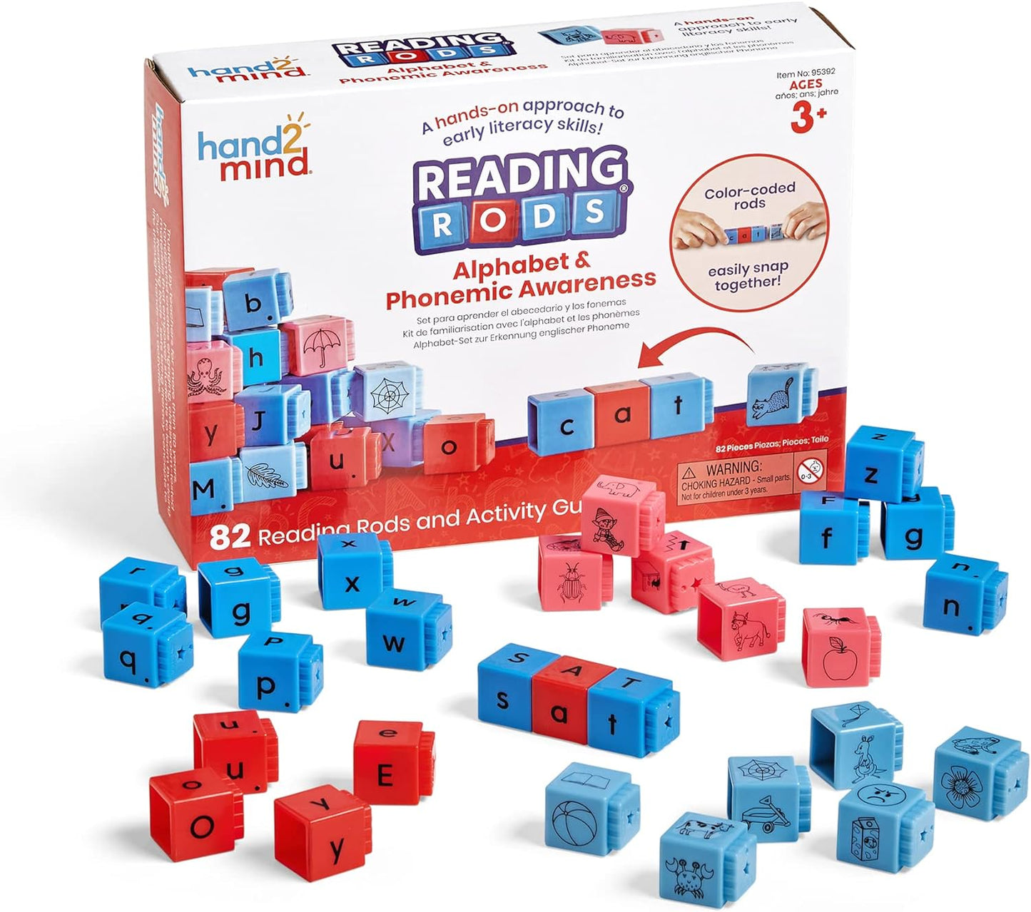 hand2mind Reading Rods Alphabet & Phonemic Awareness, Word Building Activities, Letter Blocks, CVC Words for Kindergarten, Spelling Toys, Reading Tools for Kids, Science of Reading Manipulatives