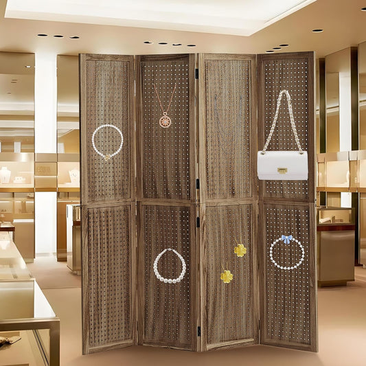 4 Panel Wooden Room Dividers, 5.6FT High Plug-in Folding Screen Made of Natural Wood, Pegboard Display for Bedroom and Shopping Malls and Jewelry Stores, Dark Brown