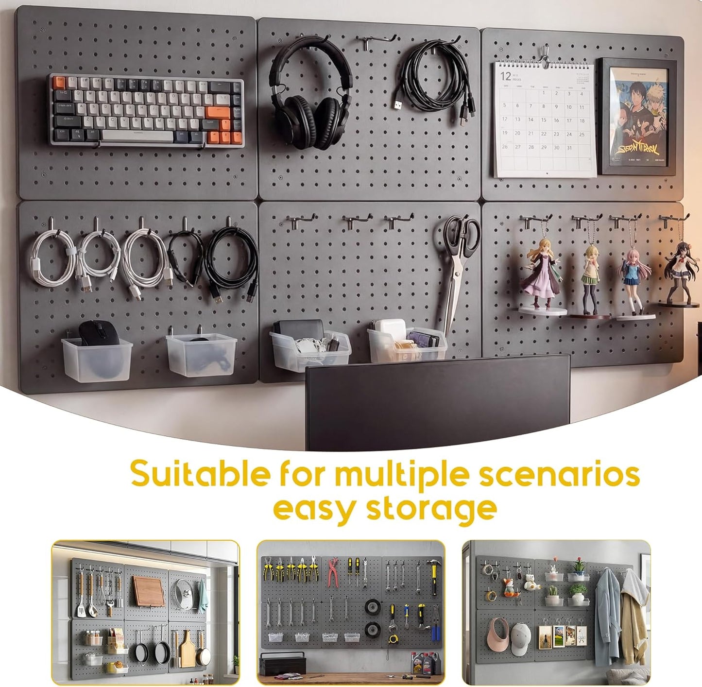 Peg Board for Tools, 4 Pack Metal Pegboard Wall Organizer with Hooks,16"×12" White Pegboard Panels for Walls Home, Garage Tool Storage, Kitchen, Office Organization, Craft Room