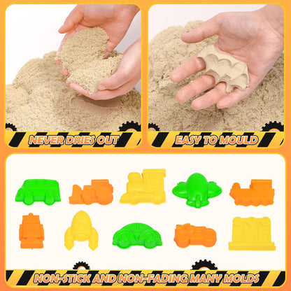 TUZT Kids Construction Sensory Bin Play Sand Kit Toys for Toddlers, Sandbox with 3.1lbs Sand & Large Tower Crane & 5 Trucks & 13 Signs & 14 Molds, Birthday for Toddler Boy 3-8 Years Old