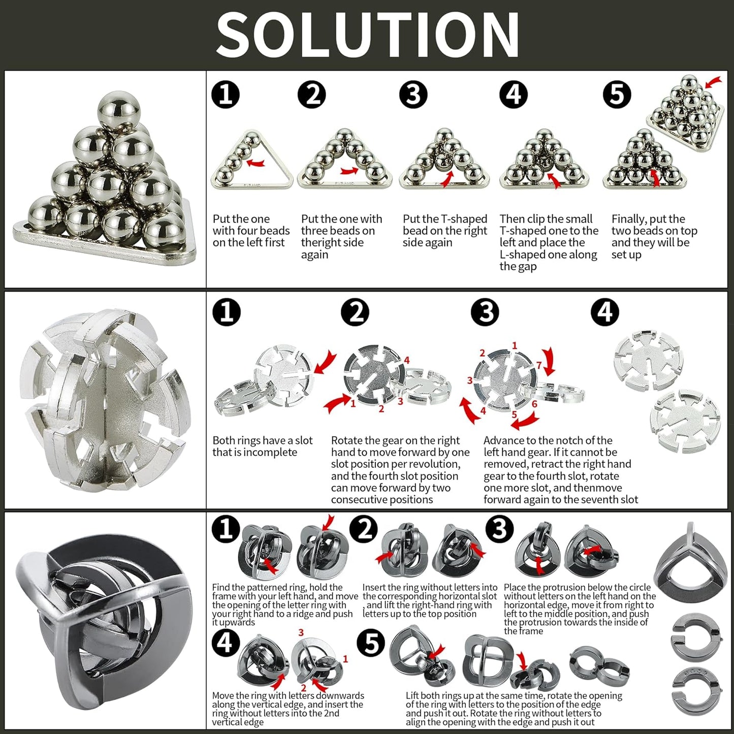 Brain Teaser Puzzles- 3 PCS Metal Puzzles Kit Metal Cast Puzzle Games Toys Unlock Interlock Puzzles Box Mind IQ Logic Test Disentanglement Games Toys for 15+ Adults Office Supplies WP140B