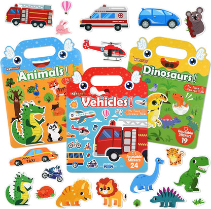 ASTARON Reusable Sticker Book for Toddlers, 88 Pcs Dinosaur Stickers Road Trip Activities Car Airplane Activities Travel Toys for Kids, Kids Quiet Time Activities (2-6 Age)