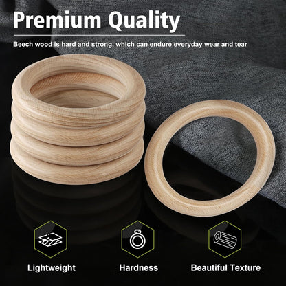 FoDau770 5pcs Natural Beech Wooden Rings, Unfinished Solid Wood Rings Heavy Duty Wood Circles, Macrame Craft Circles for Party, Home Decor & DIY Making - Outer Diameter: 3 Inch