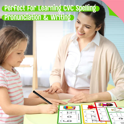 CVC Word Writing Cards, 100 Double-Sided Handwriting Cards 3-Level Short Vowel Spelling Flashcards CVC Sight Words Early Educational Tool for Kids 3 4 5 Years Old (3 Plastic Rings Included)