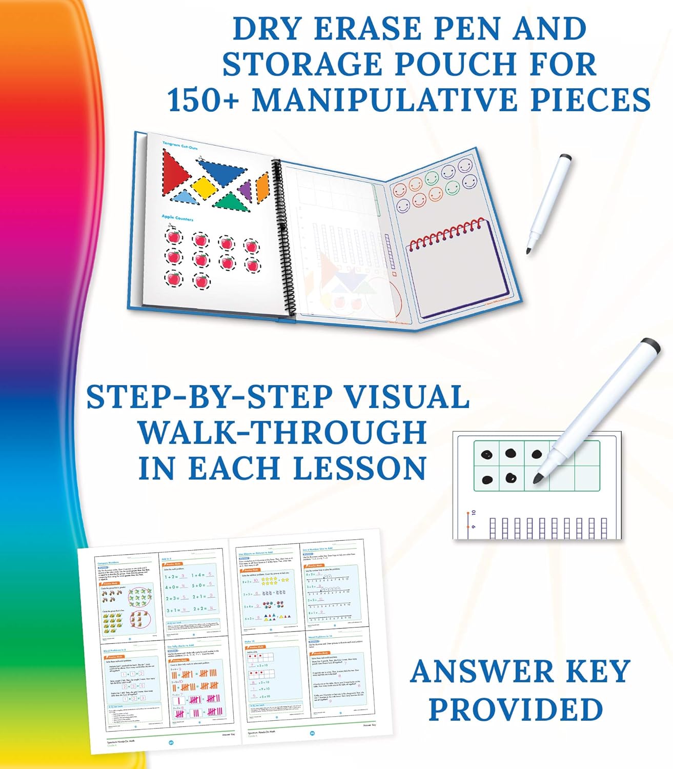 Spectrum Hands-on Math Kindergarten Workbooks, Activity Book for Kids Ages 5 to 6 With Manipulatives and Dry Erase Activities Covering Addition, Subtraction, Place Value, and More Mathematics (Volume 52)