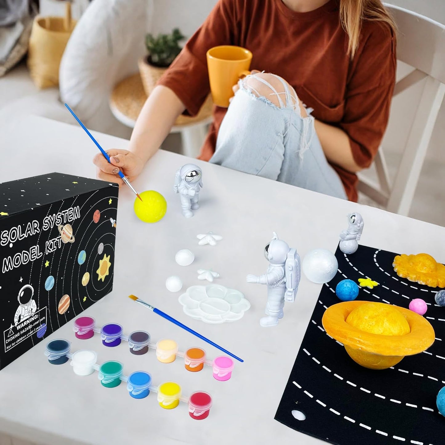 35PCS Solar System Model Kit Foam Ball Kit Includes Color Pigments Palette Spheres Balls Brushes Felt Background Plate Instruction Manual Astronaut Ornament and More