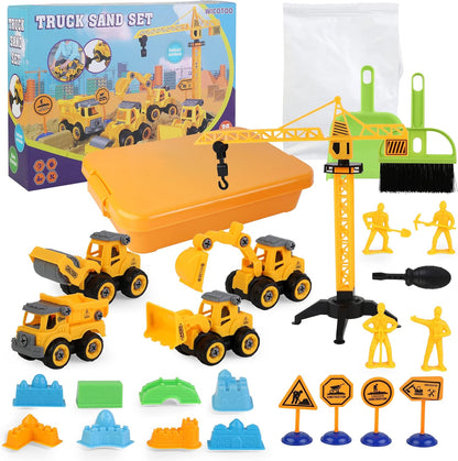 Sand Construction Kit,Sandbox,2.2lbs Magic Sand W/4 Take Apart Construction Trucks,Tower Crane,8 Sand Molds,4 Worker Figures,4 Road Signs,Toys for Boys Girls Age 4-8 Yellow,Brown